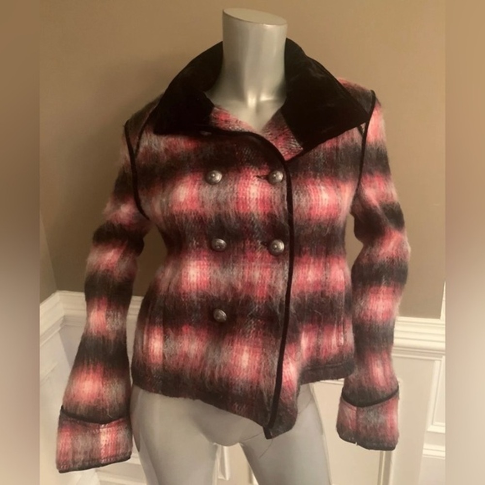 FREE PEOPLE Wool Blend Plaid Black/Red Double Breasted Sz S